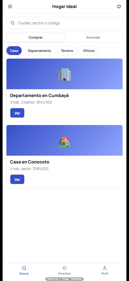 Pantalla de inicio de la app para inmobiliaria hecha con Encaja