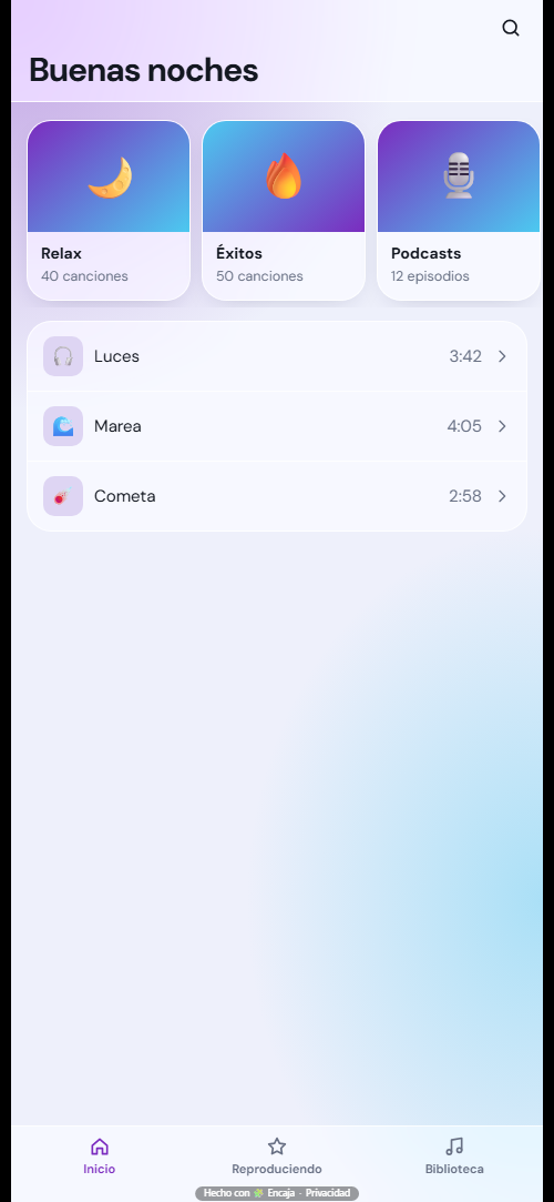 Pantalla de inicio de la app para música o podcast hecha con Encaja
