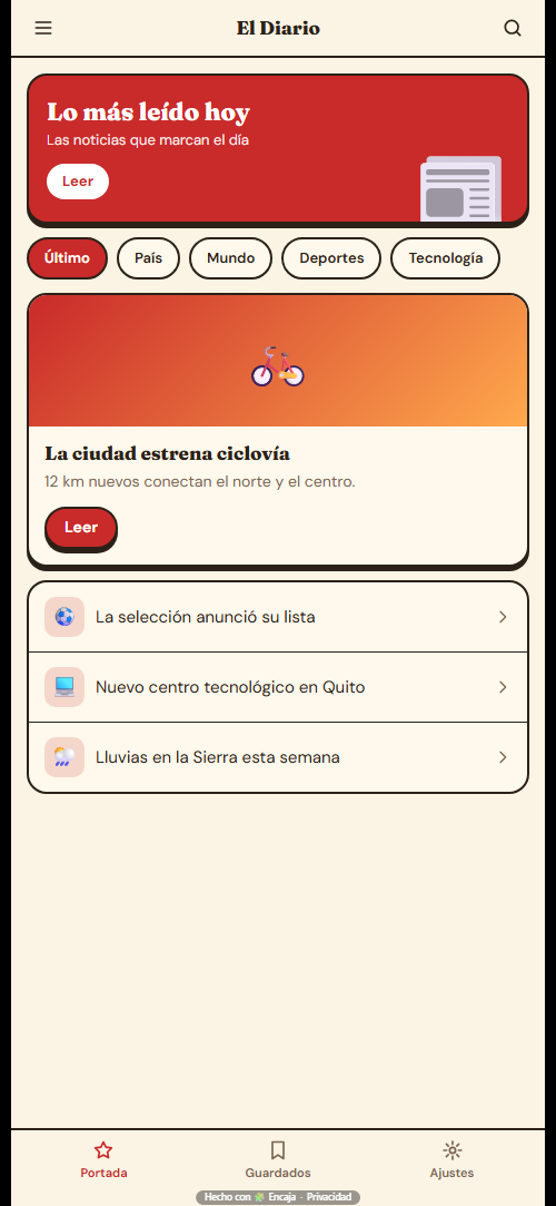 Pantalla de inicio de la app para noticias o blog hecha con Encaja