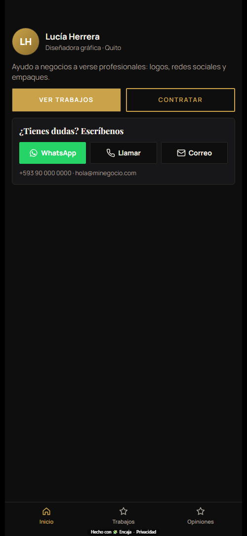 Pantalla de inicio de la app para portafolio o tarjeta digital hecha con Encaja