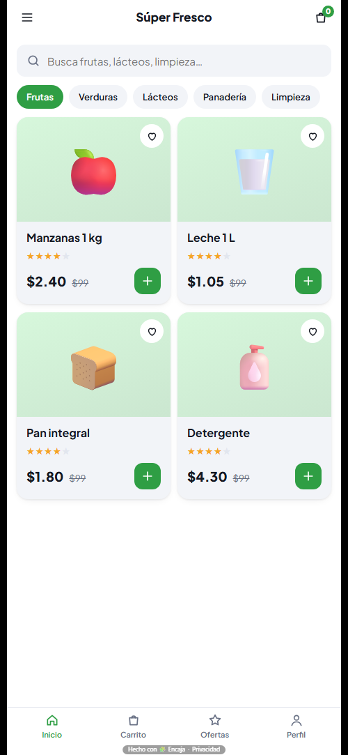 Pantalla de inicio de la app para supermercado hecha con Encaja