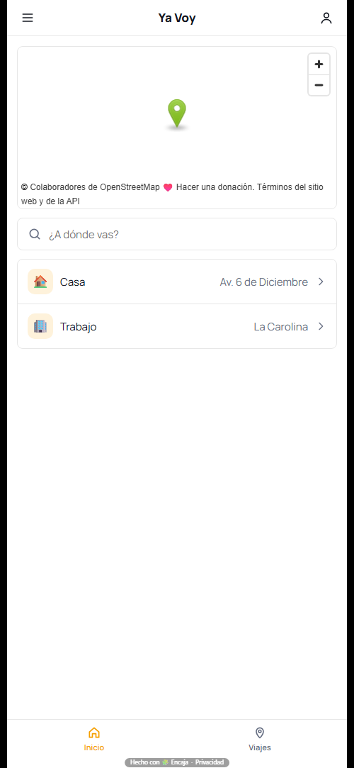 Pantalla de inicio de la app para transporte tipo taxi hecha con Encaja
