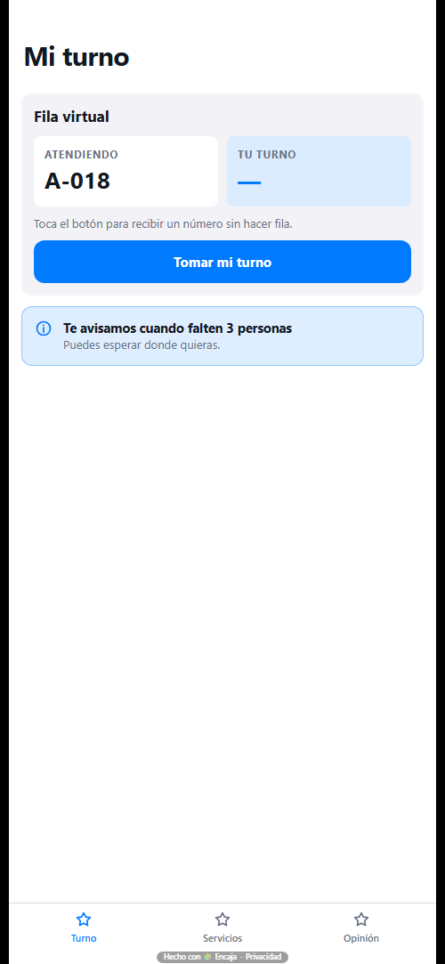Pantalla de inicio de la app para turnos y atención al cliente hecha con Encaja