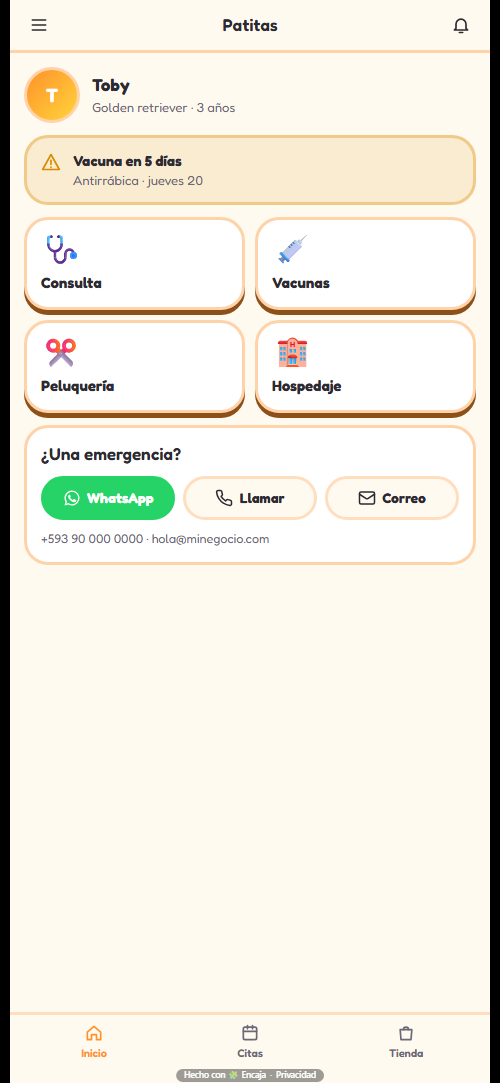 Pantalla de inicio de la app para veterinaria y mascotas hecha con Encaja